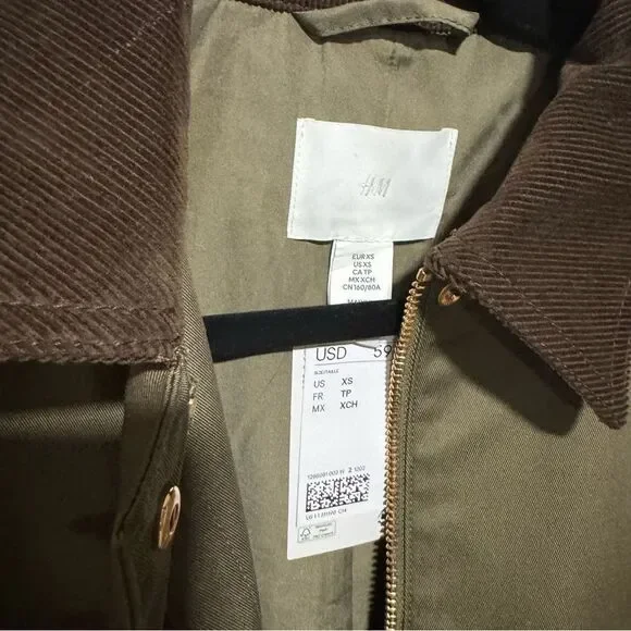 H&M Olive army Green oversized barn jacket corduroy collar - Picture 8 of 10